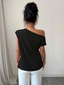 Blusa de unicolor con cuello asimétrico y plisado a la moda para mujeres - Negro - Ver 2