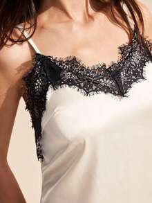 2026 Nueva blusa elegante de encaje satinado brillante color borgoña, camisola con ribete de encaje adecuada para primavera/verano; camisa elegante adecuada para fiesta, primavera, Navidad, Año Nuevo; elegante camisola de satén, blusa superior de mu - Rojo y blanco - Ver 3