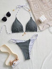 Conjunto de bikini reversible con estampado de lunares en contraste, con escote halter y nudo en la espalda, de estilo dulce y sexy, para vacaciones en la playa - Blanco y Negro 2 - Ver 5