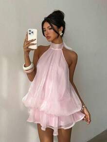 Vestido mini elegante de mujer con estampado de lunares y escote halter sin espalda - Rosa Pálido - Ver 5