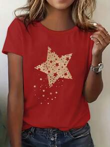 Diseño sencillo con estampado de pentagrama, estilo Y2K, camiseta casual cómoda y holgada, adecuada para el trabajo, salidas y uso en casa, camiseta holgada para mujer para primavera y verano, elegante y práctica para el verano. - Rojo - Ver 1
