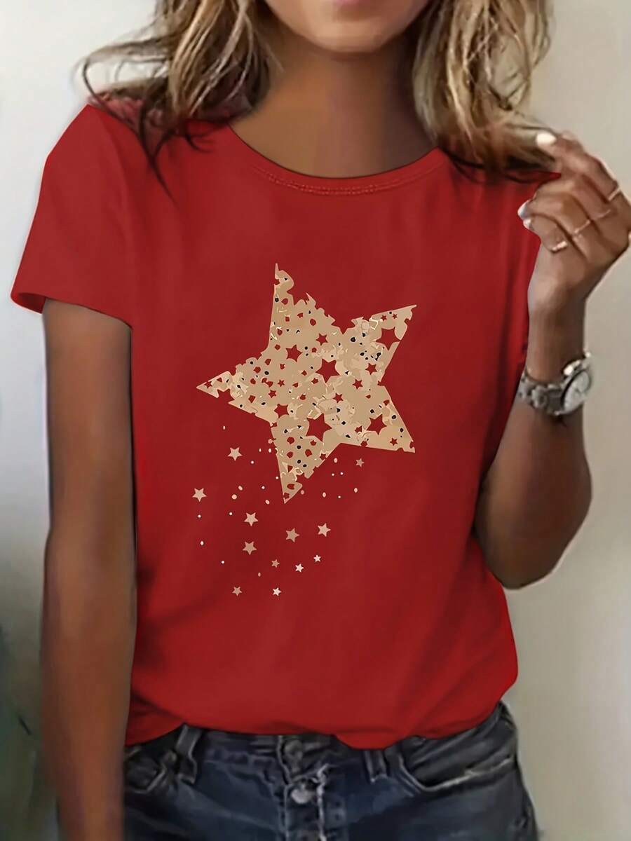 Diseño sencillo con estampado de pentagrama, estilo Y2K, camiseta casual cómoda y holgada, adecuada para el trabajo, salidas y uso en casa, camiseta holgada para mujer para primavera y verano, elegante y práctica para el verano. - Rojo - Ver 1