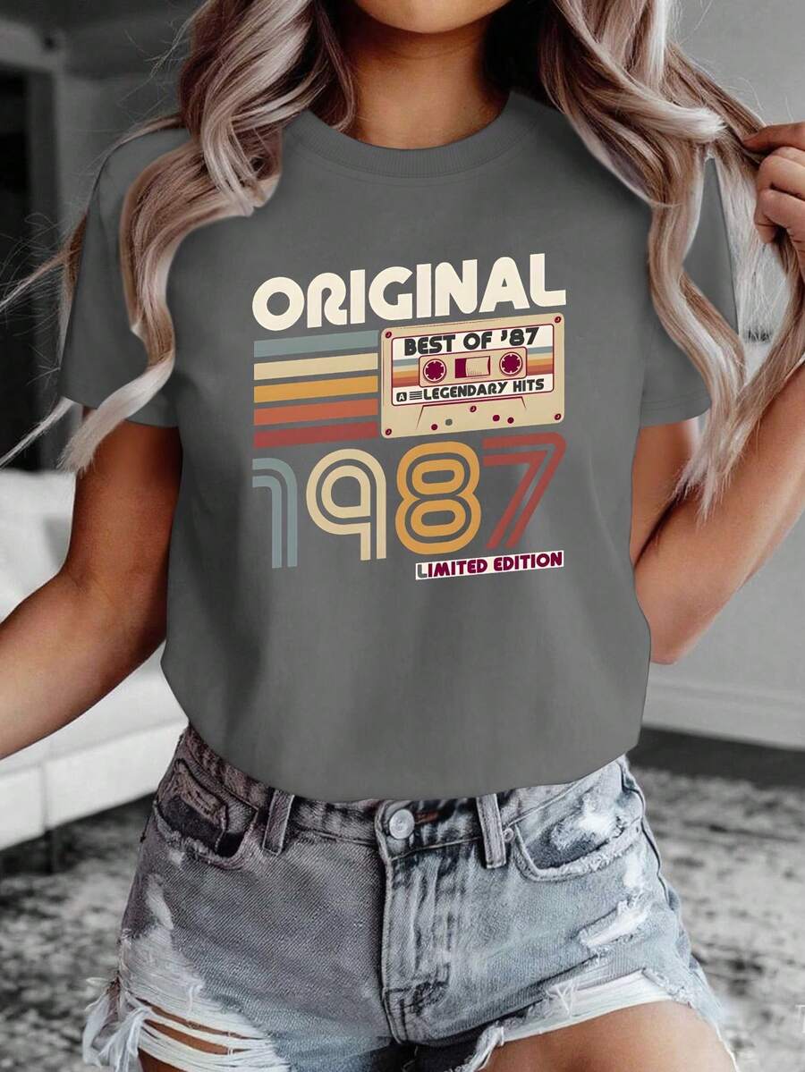 Camiseta de mujer creativa, cómoda y pura, edición limitada vintage de 1987 - Gris Oscuro - Ver 1