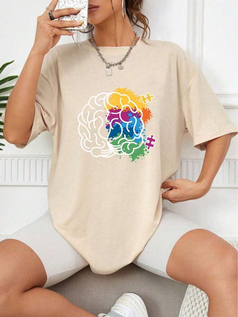 Camiseta de manga corta con cuello redondo suelto impresa de rompecabezas para mujeres de verano de primavera - Albaricoque - Ver 1