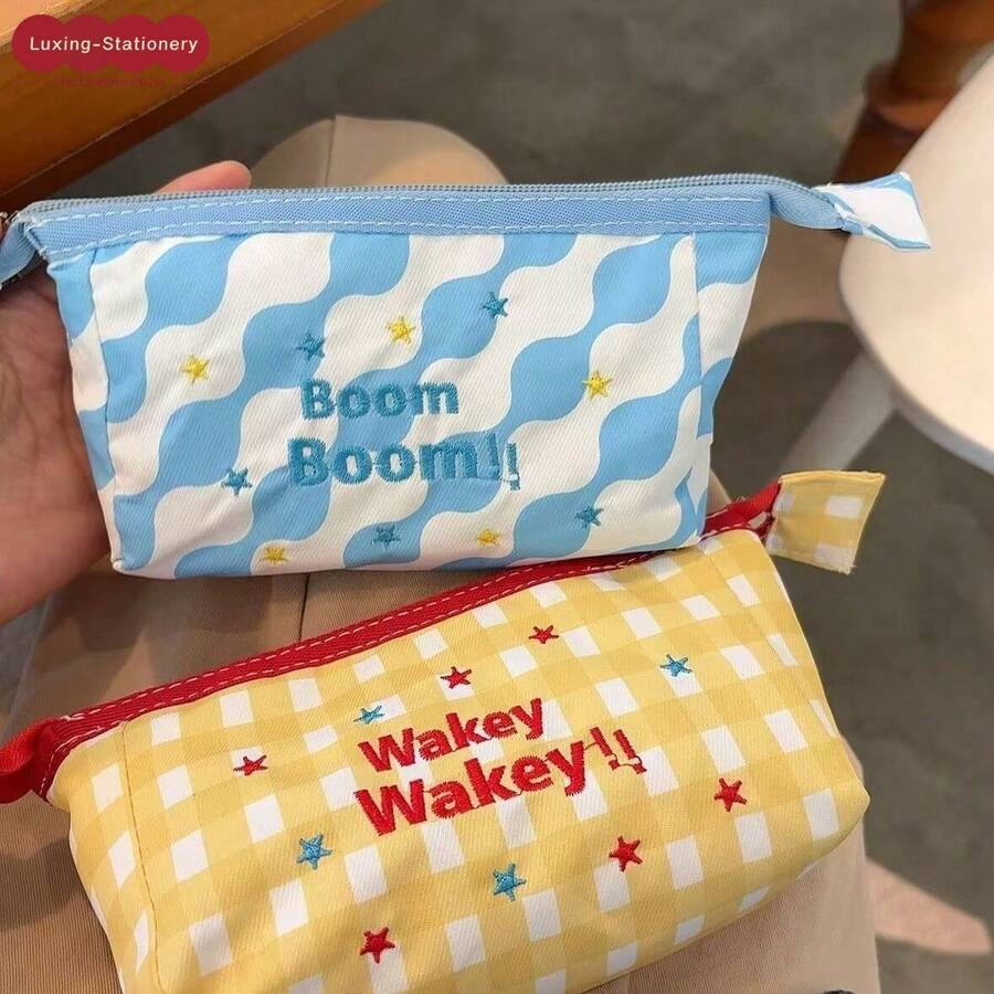 Cute Embroidered Dopamine Pencil Case Makeup Bag, Large Capacity Portable Handbag, Essential For Middle/High School Students Back To School, Embroidered Craft, Dopamine Color Scheme, Soft & Skin-Friendly, Wear-Resistant & Scratch-Proof, Waterproof & Dustproof, Handheld Design, Multi-Function Storage Bag
