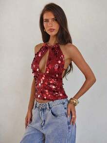 Nuevo camisol de tirantes finos con espalda descubierta y lentejuelas rosas para mujer, elegante y sexy, ideal para el Día de San Valentín, fiestas y viajes - Burdeos - Ver 5