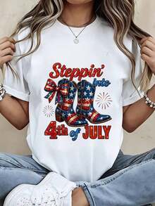 1 Piece Women's Crew Neck T-Shirt With Patriotic Print Of Cowboy Boots, Stars And Fireworks Celebrating The 4th Of July, Short Sleeve, Casual, For Summer Parties, 180g 100% Cotton - 白色 - 查看 1