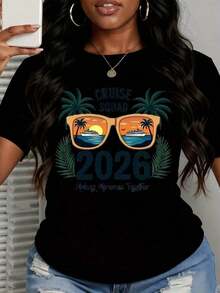 1 Piece Cruise Squad 2026 "Creating Memories Together" T-Shirt With Sunglasses And Palm Tree Print, Women's Summer Vacation Souvenir Gift For Group Travel, 180g, 100% Cotton. - 黑色 - 查看 3