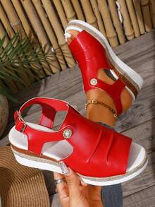 Women's Fashion Peep-Toe Wedge Buckle Strap Outdoor Beach Strap Roman Sandals For Summer,Holiday Essential - Red - View 6
