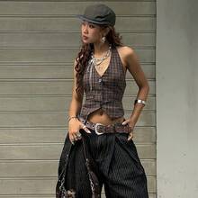 Cárdigan Vintage con estampado a cuadros, Tops cortos informales con cuello en V y botones, camisetas sin mangas con espalda descubierta, ropa de calle de moda, chaleco - Marrón - Ver 2