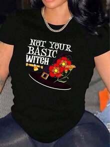 Women's Halloween T-Shirt, Comfortable, Round Neck, Casual Cotton Blend, Short Sleeves, Soft And Breathable Top, Women's Clothing, Summer And Spring T-Shirt, Streetwear Fabric, Loose And Comfortable - 黑色 - 查看 1