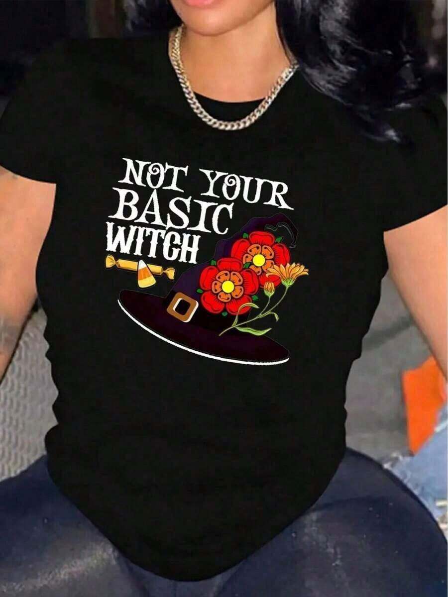 Women's Halloween T-Shirt, Comfortable, Round Neck, Casual Cotton Blend, Short Sleeves, Soft And Breathable Top, Women's Clothing, Summer And Spring T-Shirt, Streetwear Fabric, Loose And Comfortable - 黑色 - 查看 1