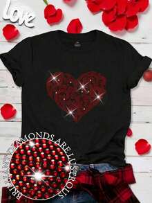 Women's Plus Size Casual Short Sleeve T-Shirt With Round Neck And Heart-Shaped Rhinestones For Valentine's Day - 4 - 查看 1