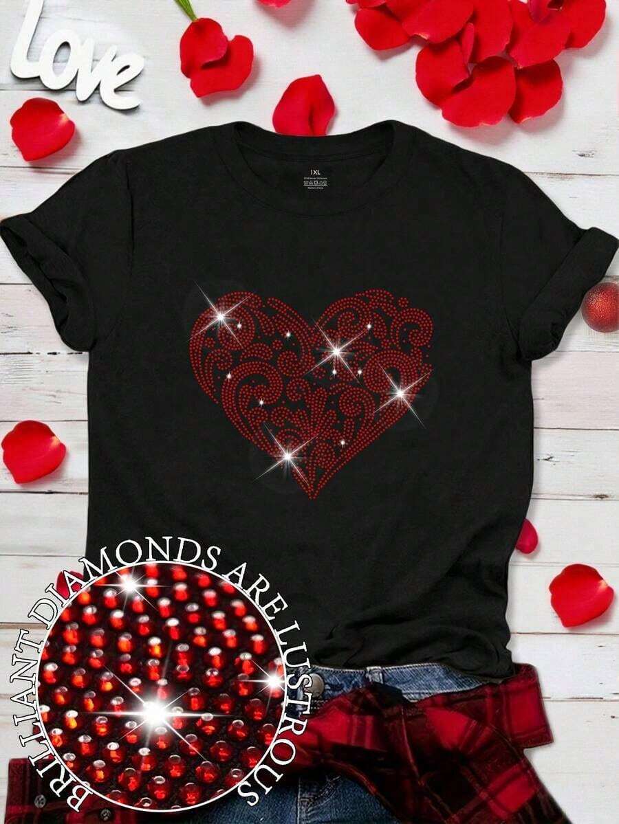 Women's Plus Size Casual Short Sleeve T-Shirt With Round Neck And Heart-Shaped Rhinestones For Valentine's Day - 4 - 查看 1