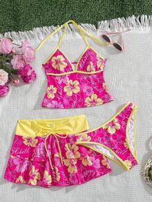 Conjunto de 3 piezas de mujer para primavera/verano: falda/túnica con estampado floral, bloque de color, lazo y volantes para festivales de música en la playa - Multicolor 3 - Ver 9