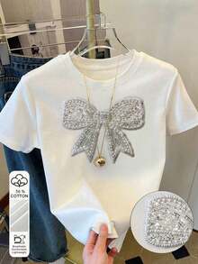 1 pieza Camiseta de cuello redondo de manga corta con adorno de rhinestones minimalista y de moda para mujer, un gran regalo para amigos - Blanco 2 - Ver 6