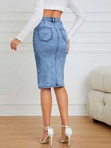 Falda casual de línea A de mezclilla de longitud media con bolsillos y abertura para mujer - Azul lavado medio - Ver 2