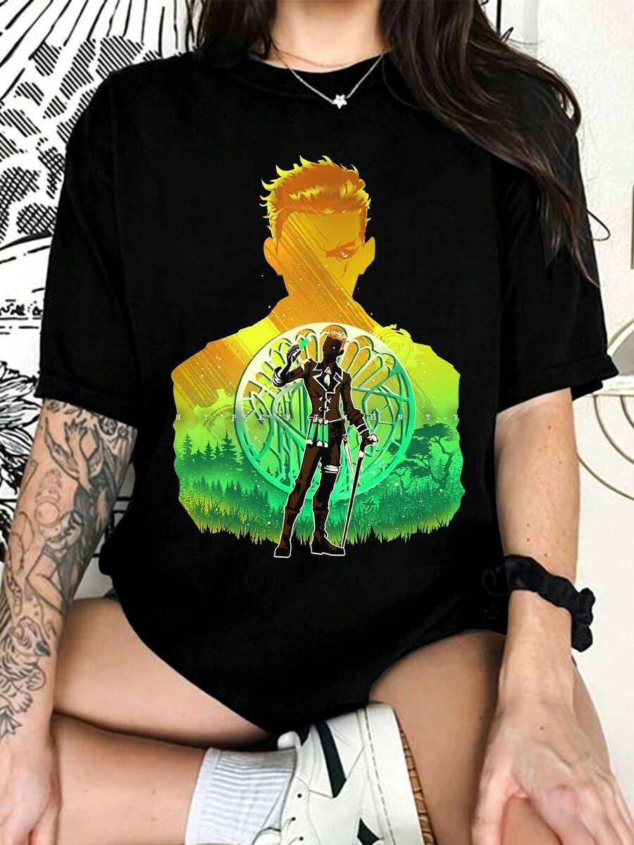 Black Oversized Viktor Arcane Leaguesss Of Legendsss Anime Graphic T-Shirt - Black - View 1