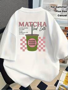 Plus Size Women's Short Sleeve T-Shirt With Matcha Iced Latte Print - Matcha Lettering And Powder, Round Neck, Casual Blouse For Summer, Spring And Iced Latte Lovers - 白色 - 查看 2