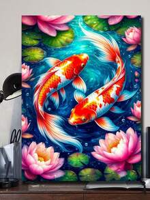 池塘鲤鱼莲花锦鲤DIY钻石画套装 - 钻石艺术马赛克工艺品，温馨治愈的艺术设计，沉浸式手工减压，家居装饰艺术DIY工艺爱好者的节日惊喜礼物 - 圓鑽 - 查看 3