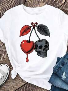 Camiseta Casual de Manga Corta para Mujer con Estampado de Cerezas y Calaveras | Camiseta casual color granate con diseño de frutas rojas y calaveras, cuello redondo de elasticidad media, adecuada para primavera, verano y otoño, camiseta casual de talla grande para mujer, camiseta de manga corta de algodón puro estampada, cuello redondo, tela elástica, camiseta de moda para primavera/verano, un regalo ideal para madres y mujeres. Regalo para el Día de la Madre, Tallas S-5XL Moda - Blanco - Ver 7