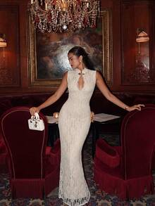 High Neck Lace Trim High Waist Backless Slit Maxi Dress, Perfect For Formal Banquets, Parties And Guest Ceremonies Party Wedding Spring Fall - Beige - View 6