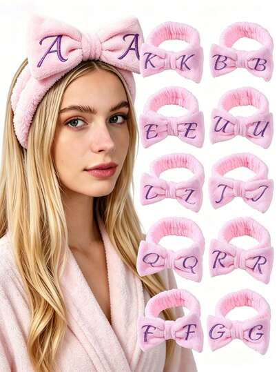 1 Pc Women Embroidered Letters A-Z Spa Headband, Cute Pink Soft Coral Fleece Headband With Removable Bow For Washing Face, Yoga And Shower, Lovely Pink Fluffy Hairband Hair Accessory For Daily Use