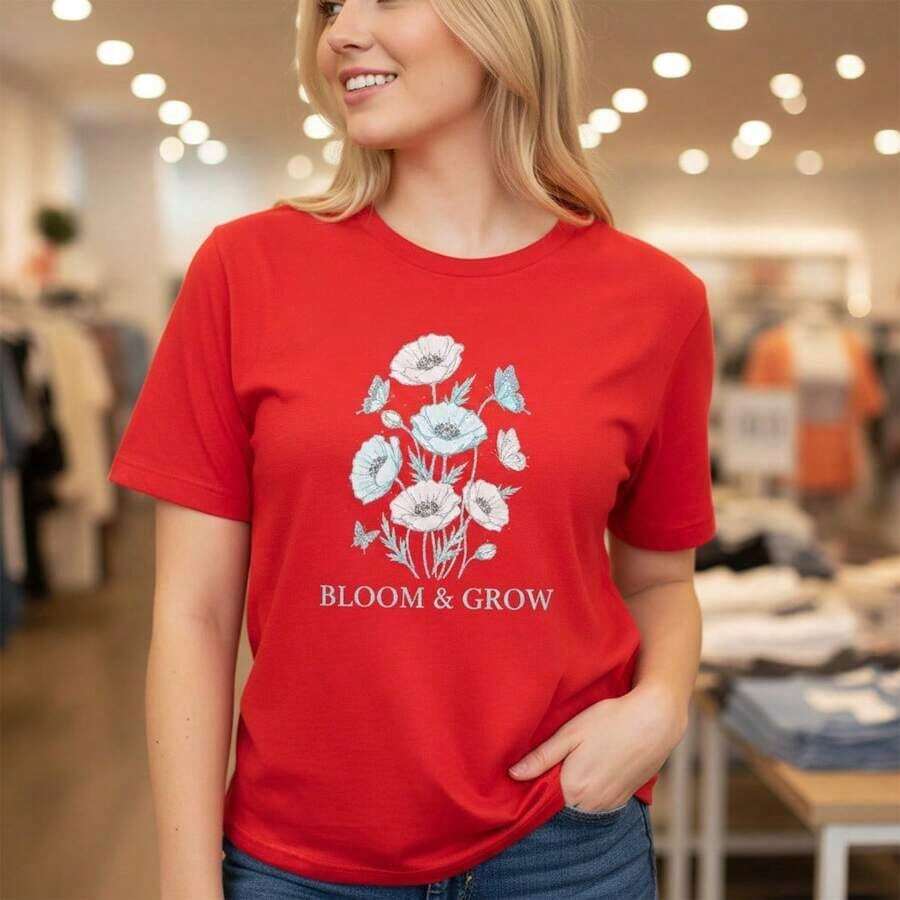 Camiseta de algodón para mujer con estampado de girasoles y mariposas, cuello redondo, manga corta, estilo casual, corte holgado, camiseta básica, camiseta gráfica de moda de verano, ropa casual suave y cómoda, diseño inspirado en la naturaleza, adecuada para primavera, verano y otoño. - Rojo - Ver 1