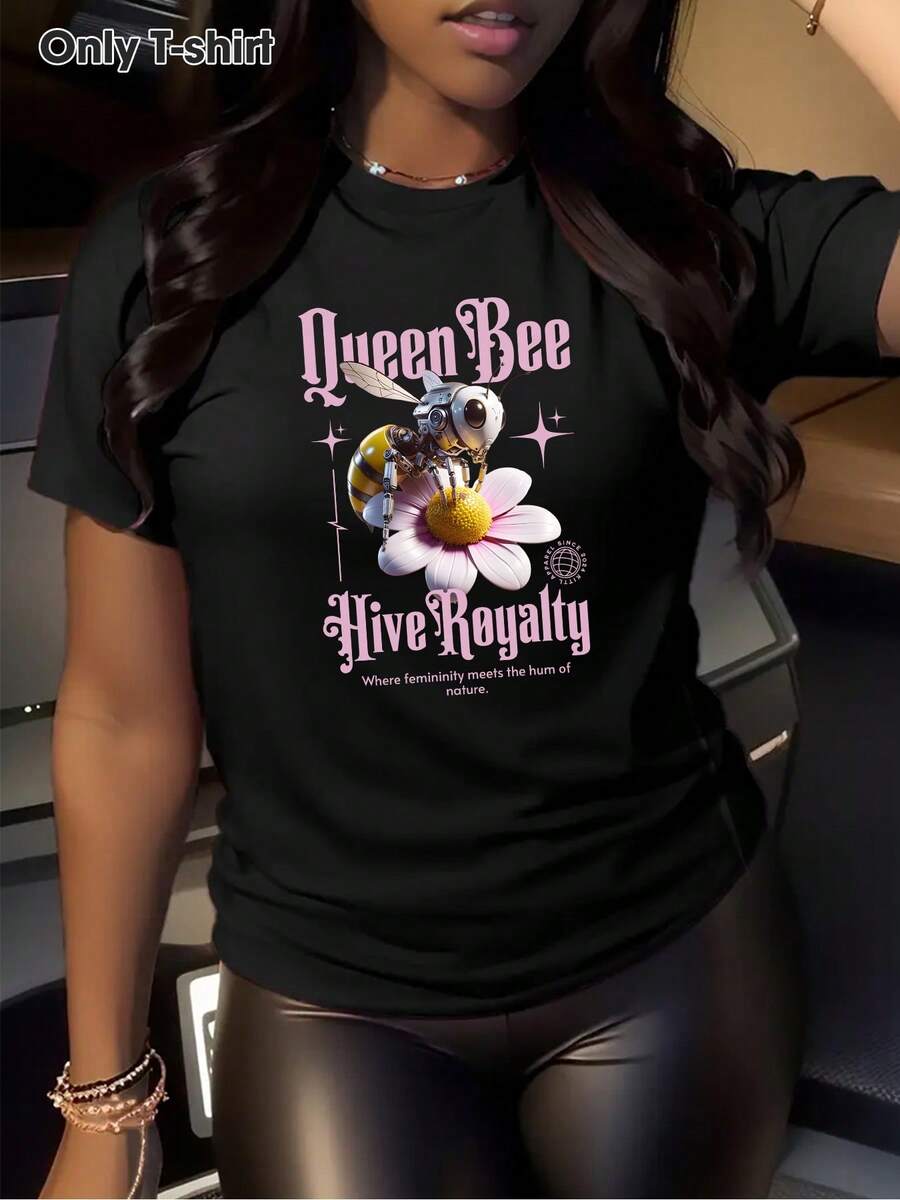Camiseta de algodón negra de cuello redondo para mujer de talla grande - Estampado de abeja reina con detalles florales, eslogan de corona de colmena - Camiseta suave para uso diario (tallas R-XL) - Adecuada para uso casual, regalos para citas y atuendos para noches románticas, lavable a máquina. - Negro - Ver 1