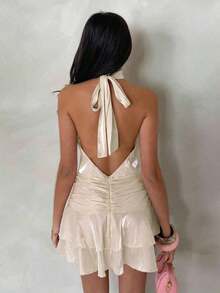 Vestido corto de mujer de satén rosa y gasa con cuello halter y espalda descubierta, falda corta de línea A con dobladillo de volante doble que expone la cintura, elegante conjunto de verano adecuado para conciertos, fiestas, citas románticas, ceremonias de graduación y otras ocasiones - Verde - Ver 11