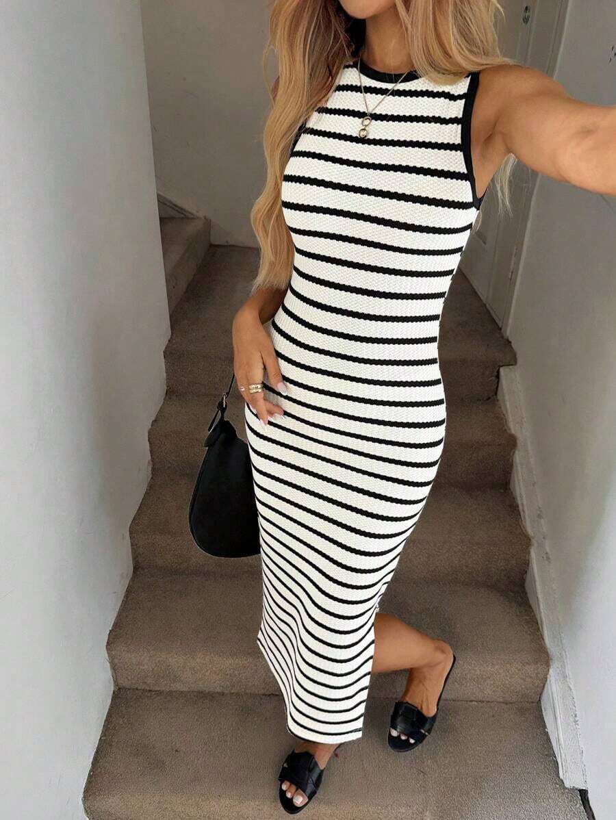 Vestido midi ajustado sin mangas con cuello redondo y bloques de color para mujer , vestido de verano, vestido de rayas verticales, vestido midi ajustado, vestido largo ajustado, vestido de verano con abertura, vestido de verano, vestido de primavera, vestidos elegantes para mujer, vestido de vacaciones para mujer, vestido midi blanco, vestido elegante de verano para mujer, vestido midi casual. - Blanco y Negro - Ver 1