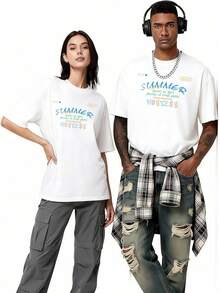 Camisetas Gráficas para Hombre YTD, Manga Corta, Estampado 'Beachfront Bliss', Talla Grande, Algodón, Casual, Unisex XO6A - Blanco - Ver 3
