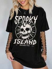 Women's Plus Size Loose Fit Casual T-Shirt With Skull And Slogan Print, Urban Style For Summer - Black - View 5