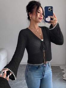 Women's Tie-Front Cropped Cardigan, Bohemian Style Long Sleeve V-Neck Knit Sweater, Suitable For Spring Fashion Daily Wear Black - Black - View 7