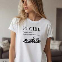 Women's F1 Graphic Print Cotton T-Shirt, Short Sleeve, Round Neck, Racing Car Print, Casual Top, Sizes S-5XL, Breathable Pure Cotton T-Shirt For Motorsport Fans, Fashionable And Stylish T-Shirt, Regular Fit, Suitable For Spring, Summer And Autumn. - 白色 - 查看 7