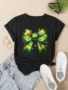 Camiseta Casual para Mujer - Manga Corta, Cuello Redondo, Estampado de Lazo Verde con Luces Navideñas Coloridas, Top de Verano, Lavable a Máquina, Camisetas para Damas, Ropa Casual, Estilo Moderno, Ajuste Cómodo  
 -Blanco100% AlgodónDuradero - Negro - Ver 2