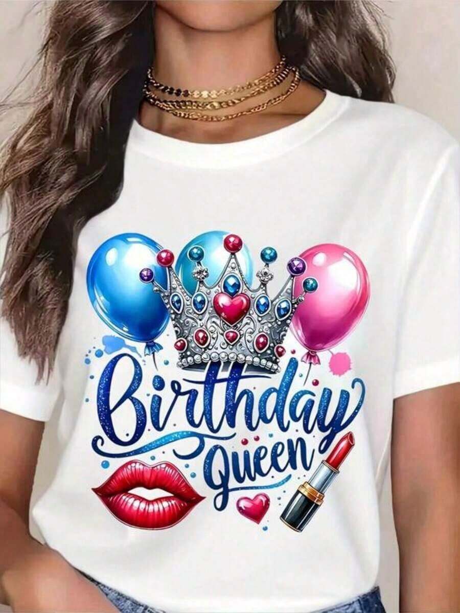 Camiseta con estampado de labiales y globos de corona de reina de cumpleaños para mujer, camiseta para fiesta de cumpleaños, camiseta divertida para celebración con diseño brillante y estampado de labios rojos. - Blanco - Ver 1