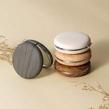 Factory Direct Supply! Imitation Wood Grain PU Portable Makeup Mirror, Double-Sided High-Definition Mirror, Premium Quality - A - View 2
