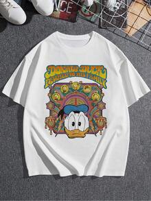 El estampado muestra un pato animado con expresión divertida rodeado de formas geométricas coloridas que evocan energía positiva y un espíritu familiar alegre camiseta de mujer  cómoda y moderna perfecta para uso diario - Blanco - Ver 3