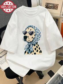 Camiseta de Mujer 100% Algodón con Estampado Divertido de Dálmatas |   Camiseta unisex de algodón holgada de estilo vintage con cuello redondo y manga corta, con un diseño retro de gafas de sol y Shiba Inu, transpirable y adecuada para el uso diario y como regalo, un atuendo lindo y único, cómodo y agradable para la piel. blusas.blusas casuales para dama. - Blanco - Ver 1