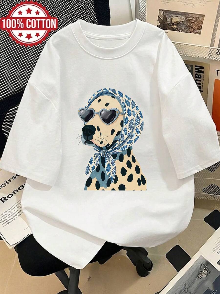 Camiseta de Mujer 100% Algodón con Estampado Divertido de Dálmatas |   Camiseta unisex de algodón holgada de estilo vintage con cuello redondo y manga corta, con un diseño retro de gafas de sol y Shiba Inu, transpirable y adecuada para el uso diario y como regalo, un atuendo lindo y único, cómodo y agradable para la piel. blusas.blusas casuales para dama. - Blanco - Ver 1
