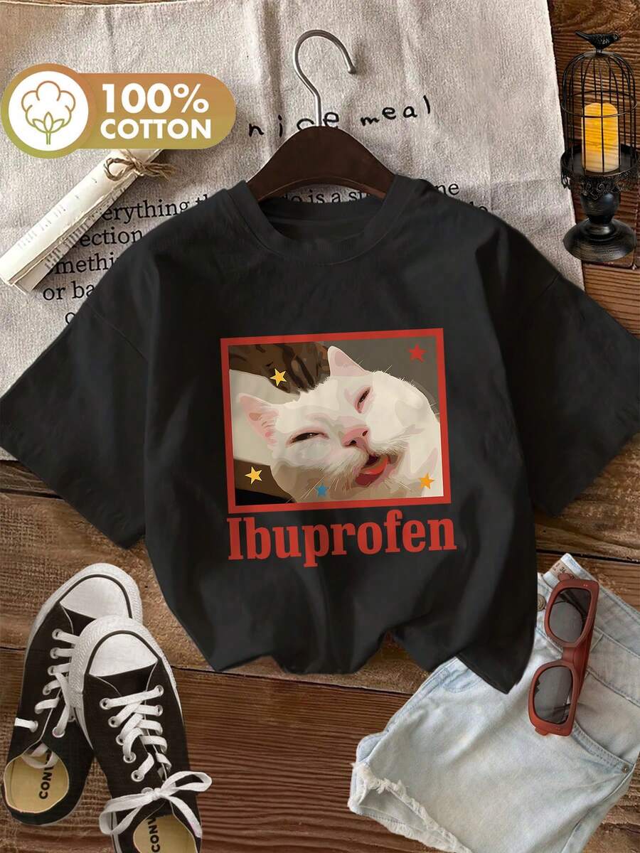 Women's Spring And Summer T-Shirts With Cartoon Cat And Star Prints, Ibuprofen Design, Pure Cotton, Round Neck, Short Sleeves, Loose Fit, Casual T-Shirt For Women - Unisex Loose-Fitting Cotton T-Shirt With Short Sleeves And A Round Neck, Vintage Style For Women. Blouses. Casual Blouses For Ladies. - 黑色 - 查看 1