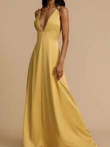 Vestido largo satén verano mujer cuello V espalda descubierta elegante estilo europeo sensual - Dorado - Ver 8