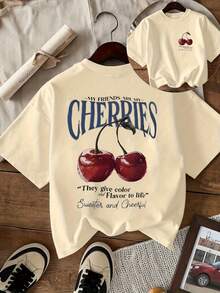 Nueva camiseta de mujer para primavera y verano con cuello redondo, estampado de cerezas de dibujos animados y estampado de letras sencillas, de manga corta, casual, cómoda y elegante, la opción ideal para los días en que no sabes qué ponerte. - Albaricoque - Ver 6