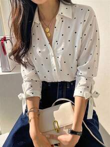 Nueva blusa de manga larga abullonada con cuello Peter Pan, color azul dopamina, para mujer, con estampado de lunares, ideal para salidas. - Blanco - Ver 2