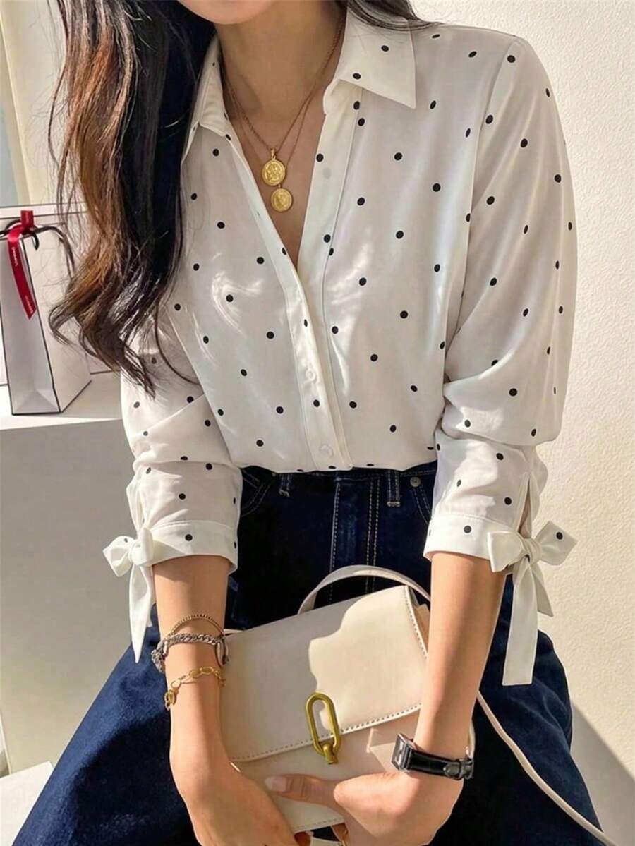 Nueva blusa de manga larga abullonada con cuello Peter Pan, color azul dopamina, para mujer, con estampado de lunares, ideal para salidas.