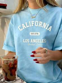 Women's Vintage Graphic T-Shirt With California Los Angeles Design - Casual Crew Neck, Short Sleeve, Cotton, Machine Washable, EST 1776 Print2025 - 淺藍色 1 - 查看 5