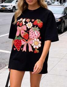 Women's Casual T-Shirt, Red, Cotton, Short Sleeve, With Strawberry And Flower Print, Round Neck, Regular Fit, Autumn Style, 100% Cotton, Durable - 黑色 - 查看 2