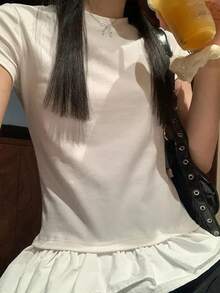 レディース トップス 半袖 Tシャツ カットソー 裾フリル ペプラム 重ね着風 レイヤード 配色 バイカラー 体型カバー お腹周りカバー 着痩せ 華奢見え 大人可愛い フェミニン 韓国ファッション きれいめ カジュアル ガーリー モノトーン デート 女子会 通勤 オフィスカジュアル ワンマイルウェア 20代 30代 40代 クルーネック 春 夏 柔らかい 通気性 デザイントップス 細見え 脚長効果 - ブラック - チェックする 7