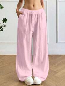 Women's Loose-Fitting, Low-Waisted Linen Trousers In A Bohemian And Casual Style, Wide-Leg And Relaxed Drawstring Pants, Soft And Comfortable, Suitable For Everyday Casual Wear And Holidays, All Year Round, Spring - 淡粉紅色 - 查看 11